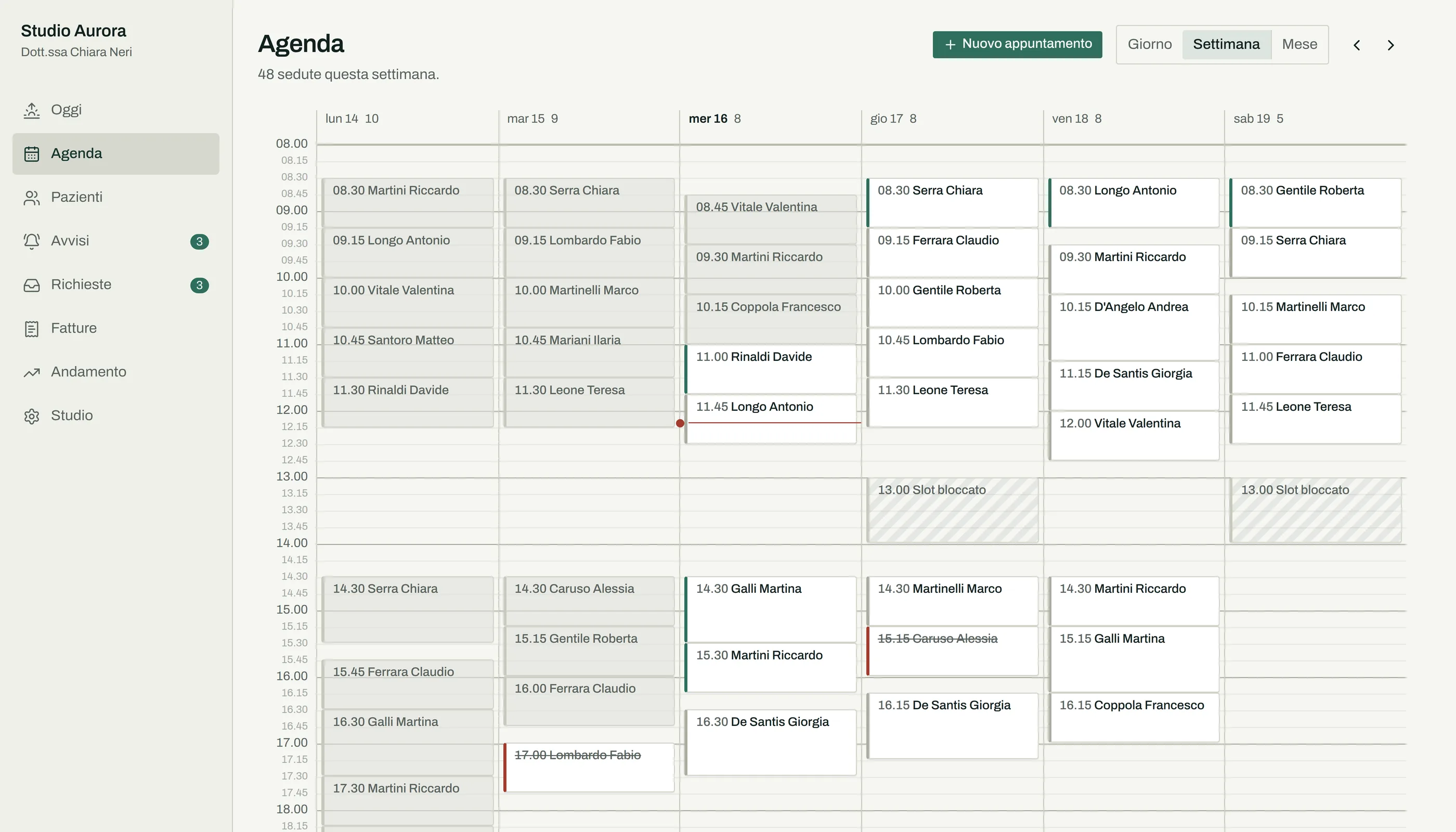 Schermata reale di Pronto Studio: l'agenda con gli appuntamenti dello studio di esempio.
