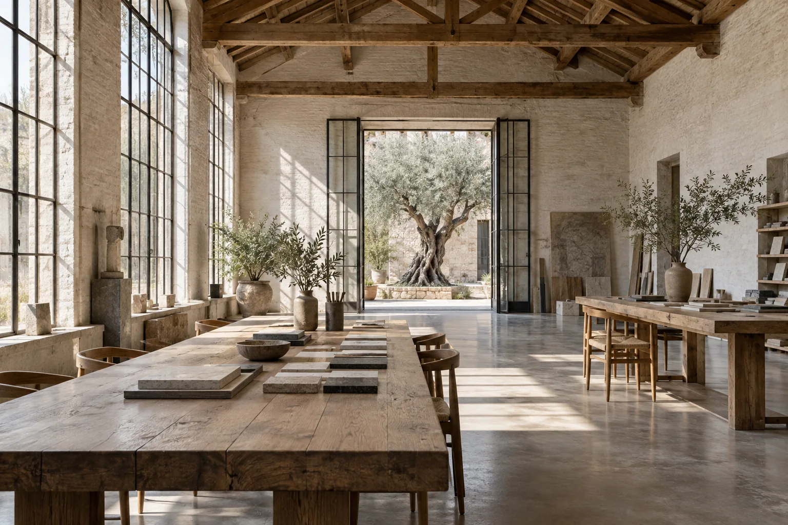 Concept di un atelier con tavoli in legno, campioni di materiali, grandi vetrate e una corte verde.