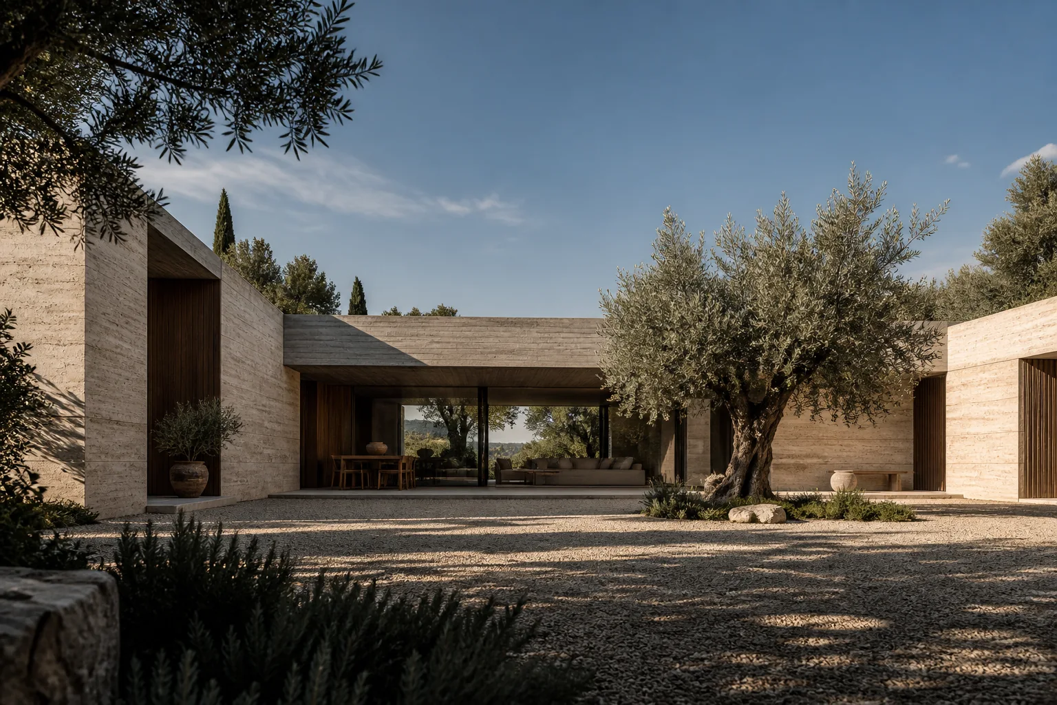 Concept di una villa in travertino con una corte, un ulivo e ampie aperture sul paesaggio.