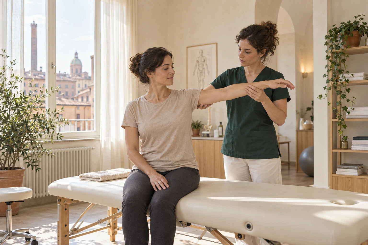 Scena dimostrativa generata: una fisioterapista accompagna una persona in un esercizio per la spalla in uno studio luminoso.