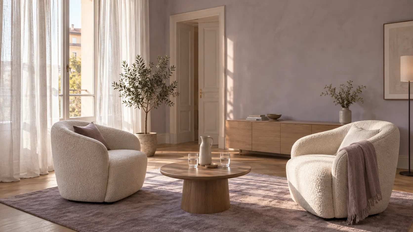 Immagine generata di uno studio immaginario con poltrone chiare e luce naturale.
