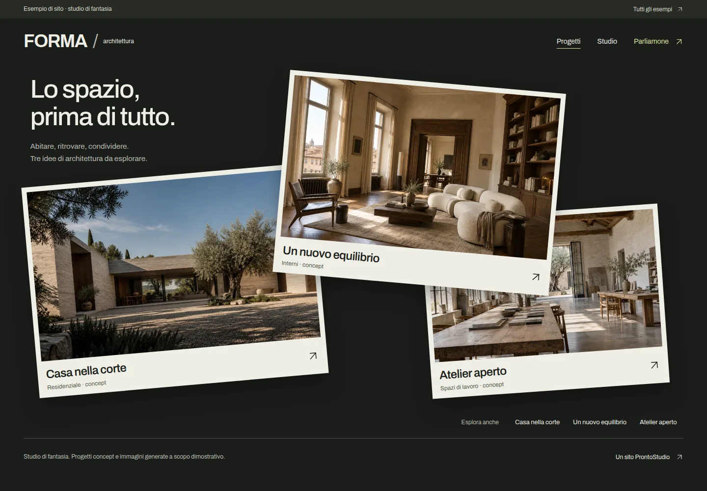 Anteprima di FORMA: tavole fotografiche dei progetti sfalsate e sovrapposte su un fondo scuro.