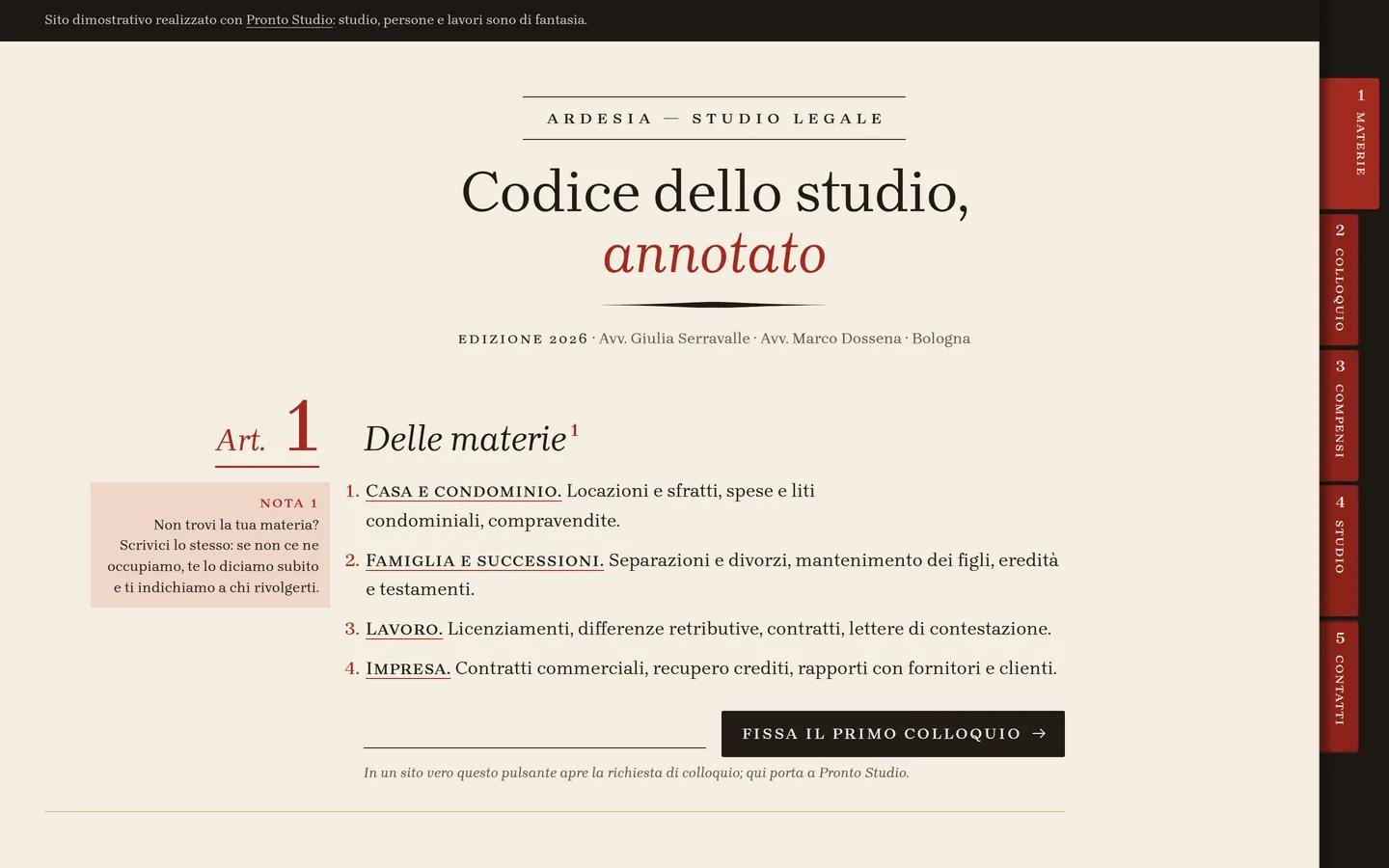 Anteprima di Ardesia: su carta avorio il titolo «Codice dello studio, annotato», l’articolo 1 sulle materie con una nota a margine e le linguette rosse sul bordo destro.