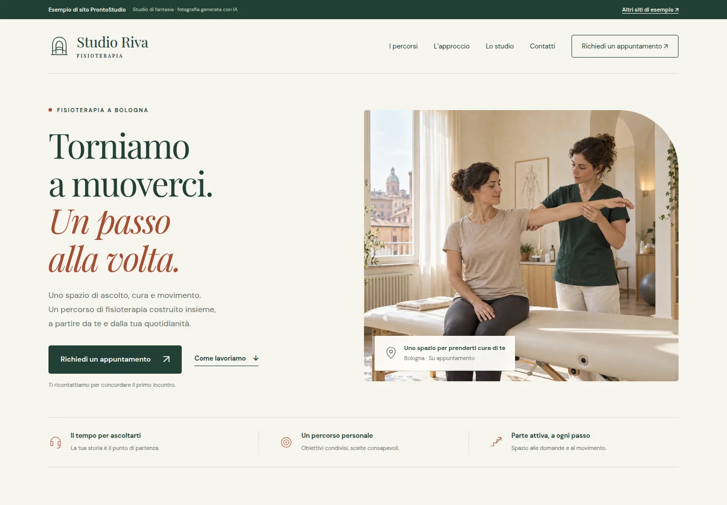 Anteprima di Studio Riva: colori verde e crema, titoli classici e una grande fotografia dello studio.