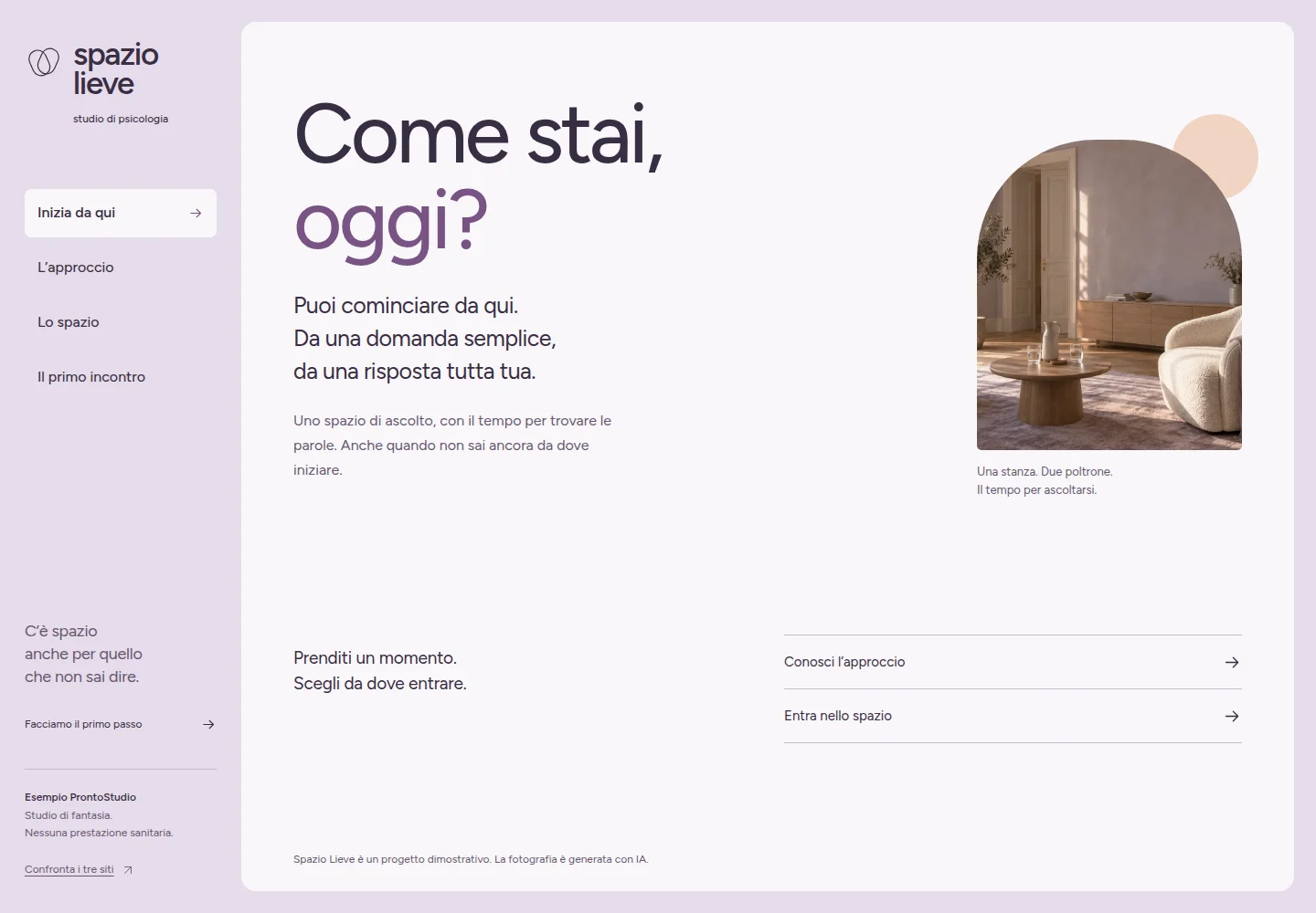 Anteprima di Spazio Lieve: menu laterale e una pagina dedicata a ogni argomento, in una palette lilla.