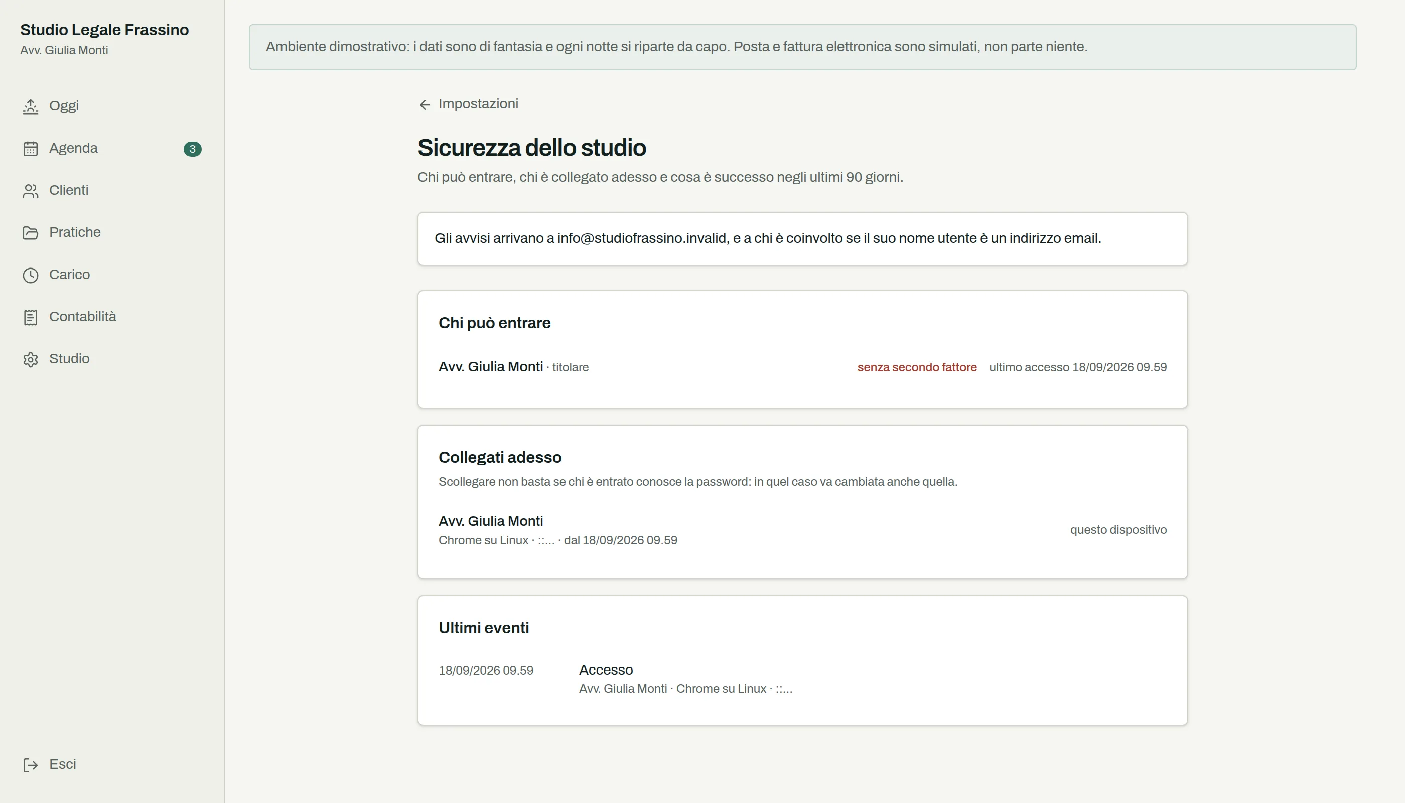Pagina «Sicurezza dello studio» di uno studio dimostrativo, con i riquadri Chi può entrare, Collegati adesso e Ultimi eventi.